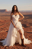 Sweetheart Ivory A Line Ruffled Long Wedding Dress with Slit