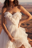 Sweetheart Ivory A Line Ruffled Long Wedding Dress with Slit