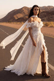 Off the Shoulder Ivory Appliqued A Line Ruffled Long Wedding Dress with Slit