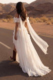 Off the Shoulder Ivory Appliqued A Line Ruffled Long Wedding Dress with Slit