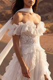 Off the Shoulder Ivory Appliqued A Line Ruffled Long Wedding Dress with Slit