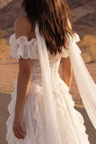 Off the Shoulder Ivory Appliqued A Line Ruffled Long Wedding Dress with Slit