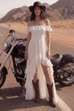 Ivory A Line Off the Shoulder Pleated High Low Wedding Dress