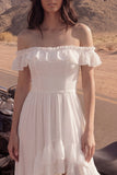 Ivory A Line Off the Shoulder Pleated High Low Wedding Dress