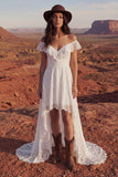 Off the Shoulder Ivory A Line Lace High Low Wedding Dress with Court Train