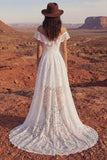 Off the Shoulder Ivory A Line Lace High Low Wedding Dress with Court Train