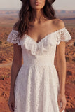 Off the Shoulder Ivory A Line Lace High Low Wedding Dress with Court Train