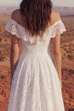 Off the Shoulder Ivory A Line Lace High Low Wedding Dress with Court Train