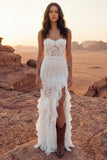Strapless Ivory Corset Ruffled Boho Wedding Dress with Slit