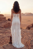 Strapless Ivory Corset Ruffled Boho Wedding Dress with Slit