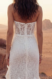 Strapless Ivory Corset Ruffled Boho Wedding Dress with Slit