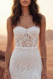 Strapless Ivory Corset Ruffled Boho Wedding Dress with Slit