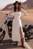Ivory A Line Square Neck Long Sleeve Wedding Dress with Slit
