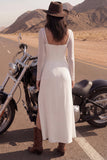 Ivory A Line Square Neck Long Sleeve Wedding Dress with Slit