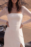 Ivory A Line Square Neck Long Sleeve Wedding Dress with Slit