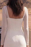 Ivory A Line Square Neck Long Sleeve Wedding Dress with Slit