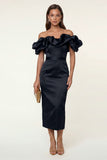 Black Off the Shoulder Ruffle Sheath Midi Formal Dress