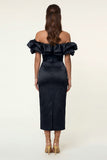 Black Off the Shoulder Ruffle Sheath Midi Formal Dress