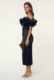Black Off the Shoulder Ruffle Sheath Midi Formal Dress