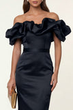 Black Off the Shoulder Ruffle Sheath Midi Formal Dress