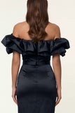 Black Off the Shoulder Ruffle Sheath Midi Formal Dress