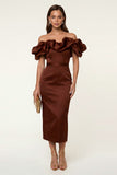 Black Off the Shoulder Ruffle Sheath Midi Formal Dress