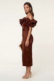Black Off the Shoulder Ruffle Sheath Midi Formal Dress