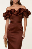 Black Off the Shoulder Ruffle Sheath Midi Formal Dress