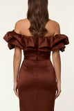 Black Off the Shoulder Ruffle Sheath Midi Formal Dress