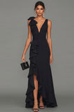 Black Bow V-Neck Ruffle Long Formal Dress With Slit