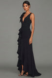 Black Bow V-Neck Ruffle Long Formal Dress With Slit