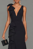Black Bow V-Neck Ruffle Long Formal Dress With Slit