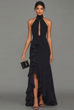 Black Halter Long Evening Dress With Ruffle Slit