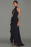 Black Halter Long Evening Dress With Ruffle Slit
