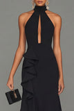 Black Halter Long Evening Dress With Ruffle Slit