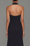 Black Halter Long Evening Dress With Ruffle Slit