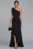 One Shoulder Black Bow Ruffle Evening Dress with Slit