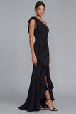 One Shoulder Black Bow Ruffle Evening Dress with Slit