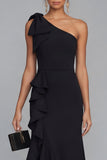 One Shoulder Black Bow Ruffle Evening Dress with Slit