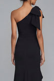 One Shoulder Black Bow Ruffle Evening Dress with Slit