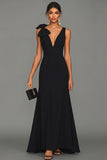 Black V-Neck Long Formal Dress With Bow