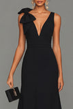 Black V-Neck Long Formal Dress With Bow
