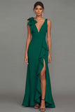 Dark Green Bow Ruffle V-Neck Evening Dress With Slit