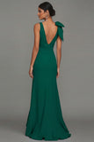 Dark Green Bow Ruffle V-Neck Evening Dress With Slit
