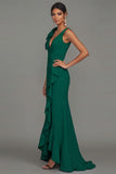 Dark Green Bow Ruffle V-Neck Evening Dress With Slit