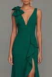 Dark Green Bow Ruffle V-Neck Evening Dress With Slit
