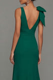 Dark Green Bow Ruffle V-Neck Evening Dress With Slit