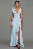 Dark Green Bow Ruffle V-Neck Evening Dress With Slit