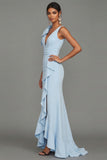 Dark Green Bow Ruffle V-Neck Evening Dress With Slit