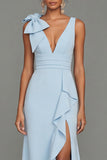Dark Green Bow Ruffle V-Neck Evening Dress With Slit